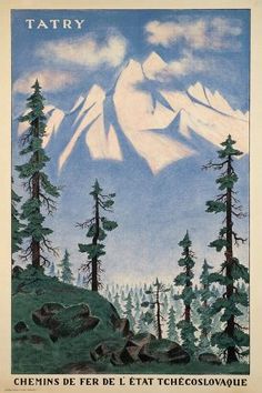 an old poster with trees and mountains in the background