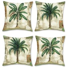 four decorative pillows with green palm trees on the front and back, all in different styles