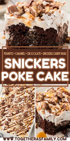 a collage of photos showing different types of snickkers poke cake with text overlay