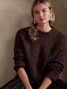 Saw this on Banana Republic: Boucle Sweater, Boucle Yarn, Extra Long Sleeves, Banana Republic Sweater, Banana Republic Women, Merino Wool Sweater, Brown Sweater, Cropped Style, Oversized Sweater