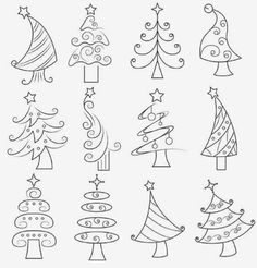 christmas trees with stars and swirls on them, all in different shapes and sizes