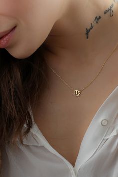 "14k Solid Gold Zodiac Virgo Pendant Necklace, Dainty Initial Zodiac Sign Necklace, Astrology Jewelry Birth Sign Necklace is a Great Birthday Gift Virgo is the sign of idealism and purity. You are compassionate nurturing and extremely tender-hearted. You are determined to stand up for justice and are always a champion for the mistreated. Our zodiac necklaces make the most perfect gift for so many occasions, weddings, birthdays or as the perfect staple in your own jewelry collection. It's a meani Zodiac Sign Jewelry, Zodiac Necklace, Virgo Gold Necklace, Gold Virgo Necklace, Elegant Zodiac Sign Necklace, Virgo Jewelry, Elegant Zodiac Sign Initial Pendant Necklace, Gold Zodiac Sign Pendant Charm Necklace, Gold Zodiac Sign Initial Pendant Jewelry