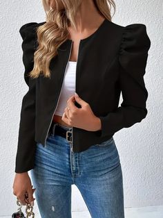 Elegant Zip-Up Long Sleeve Jacket for Women - Chic Solid Color, Polyester, Machine Washable - Perfect for Spring & Summer Clothes Shein, Puff Sleeve Jacket, Gigot Sleeve, Summer Bottoms, Normal Body, Rib Top, Women Outerwear, Outwear Jackets