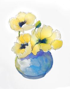 watercolor painting of yellow flowers in a blue vase