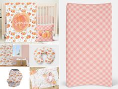 a baby's room with pink and orange accessories, including a crib bedding set