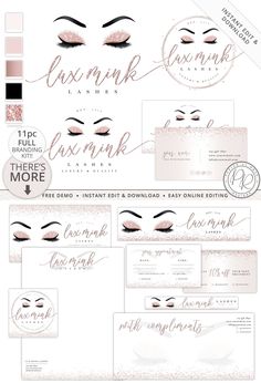 the logo and business card design for an eyeliner studio, with pink glitter on it