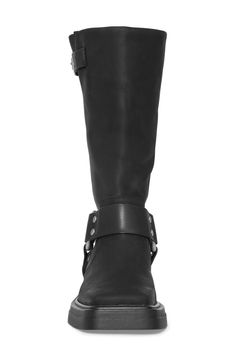 Maximize the moto appeal of your look with this harness-strap boot featuring a square toe and sturdy block heel. 1 3/4" heel 12" shaft Leather upper and lining/synthetic sole Imported Black Square Toe Edgy Moto Boots, Black Wide Calf Moto Boots With Buckle, Classic Black Moto Boots With Buckle, Designer Black Moto Boots With Buckle Closure, Black Moto Boots With Buckle Closure, Vagabond Shoemakers, Boot Straps, Moto Boots, Off Black