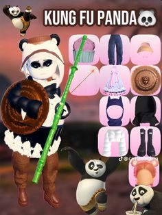 an animated panda holding a green stick and some other items in it's hands