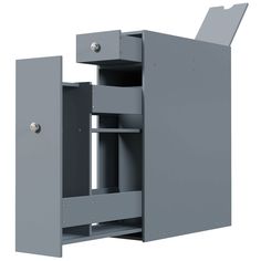 a gray cabinet with two doors open on the side and one door opened to reveal another compartment