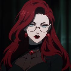 a woman with long red hair and glasses looking at the camera while standing in front of a dark background