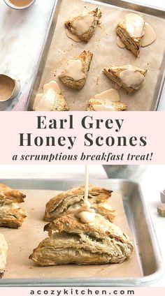 an image of some food that is on a baking sheet with the words, ear grey honey scones