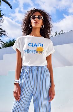 Say hello and goodbye as you exude sunny vibes in this organic-cotton graphic T-shirt. Crewneck Short sleeves 100% organic cotton Hand wash, dry flat Made in the USA