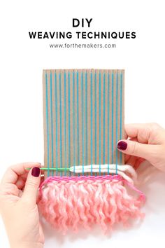 two hands are holding yarn and knitting needles with text overlay that says diy weaving techniques