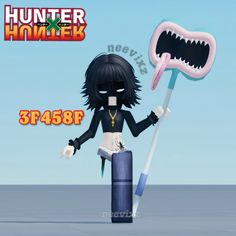 a cartoon character holding a giant toothbrush in his hand with the words hunter hunter next to it