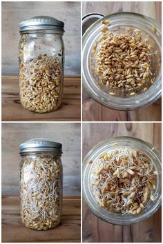 four pictures show different ways to make granola in a jar, including sprinkles and seeds