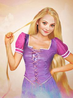 a painting of a girl with long blonde hair wearing a purple dress and holding a wand