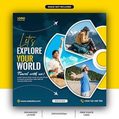 a flyer for a travel company with photos and text on the front, in blue and yellow