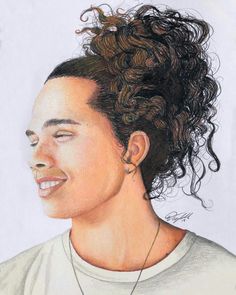 a drawing of a woman's face with curly hair and a necklace on her neck