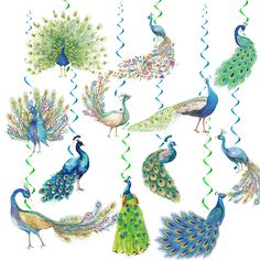 a bunch of peacocks are standing together in the same pattern on a white background