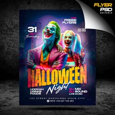 halloween night flyer template with clowns on the front and back cover for an event