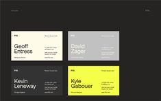 some business cards with different colors and font