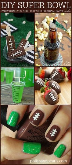 some green and brown nail polishes with football designs on them, one is for the super bowl