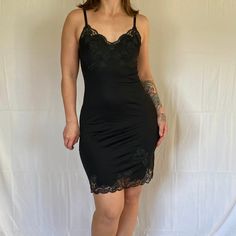 You can wear this 60s black silk dress preppy or grunge! By Kayser, black satin slip dress with lace detail. In great condition. Best on XS or S, fits too snug on hips of model shown but used for fit reference. Please review measurements for best fit. Chest: 32in Waist: 26in Hips: 34in Length: 37in, give or take a few inches, straps are adjustable Satin Dress Vintage, Black Lace Slip Dress, Vintage Satin Dress, Slip Dress Vintage, Black Satin Slip Dress, Dress Preppy, Slip Dress Black, Fit Reference, Satin Noir