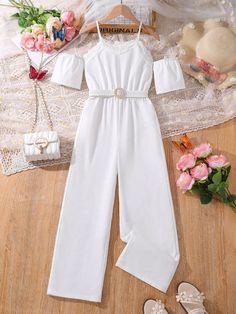 Beige Casual Collar Short Sleeve Polyester Plain Shirt Embellished Non-Stretch  Tween Girls Clothing Outfit Jumpsuit, Pretty Dresses Casual, Adrette Outfits, Style Jumpsuit, Fashion Top Outfits, Cute Dress Outfits, Trendy Dress Outfits, Trendy Outfits For Teens