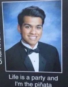 a man wearing a tuxedo and bow tie smiling at the camera with words written below him