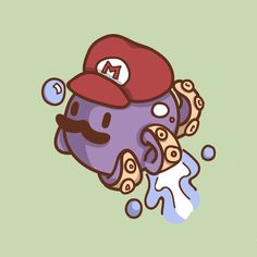 a purple object with a red hat on it's head and some bubbles around it