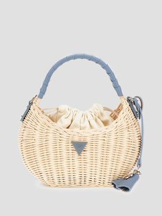 Basket-woven straw shoulder bag Gold-tone hardware and enamel signature emblem Mini curved silhouette Single-compartment construction Canvas pouch lining Drawstring closure Removeable tab keychain Top handle. Detachable crossbody strap. Bag Guess, Summer Purse, Summer Purses, Basket Woven, Brand Accessories, Cute Purses, Basket Bag, Mini Shoulder Bag, Canvas Pouch