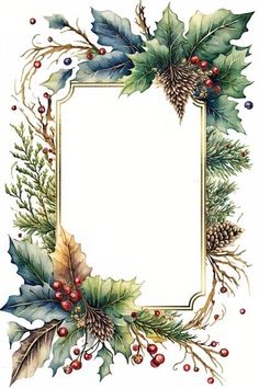 a christmas frame with holly leaves, berries and pine cones on the edges is featured in this watercolor painting