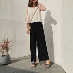 FREE SHIPPING !! High Waist Pleated Chiffon Wide Leg Trousers JKP663 Non-stretch Pleated Pants For Summer, Casual Pleated Summer Pants, Casual Summer Pleated Pants, Pleated Black Wide Leg Pants For Summer, Black Pleated Wide Leg Pants For Summer, Casual Pleated Chiffon Bottoms, Summer Pleated Chiffon Bottoms, Casual Stretch Pleated Wide Leg Pants, Spring Chiffon Pants