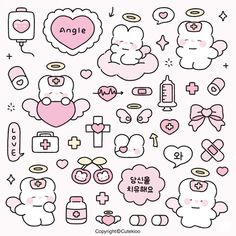 an assortment of cartoon stickers with hearts, clouds and other things in them on a white background