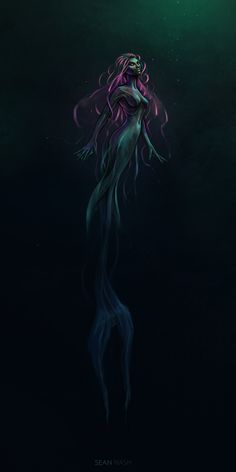 a woman with long hair floating in the water under a green and purple light on her head