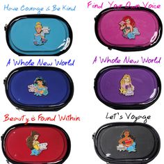 four different colored pencil cases with cartoon characters on the front and back sides, one is black