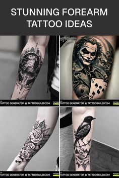 four different tattoos on the arms and arm, one with a joker face in it