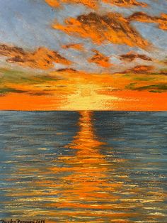 an oil painting of the sun setting over the ocean with clouds in the sky and water below