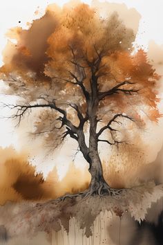 a painting of a tree with brown and orange leaves