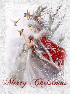 a christmas card with an angel holding a bird