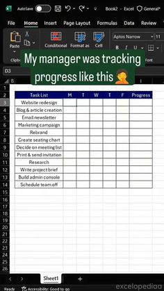 a screenshot of a spreadsheet with the text my manager was tracking progress like this
