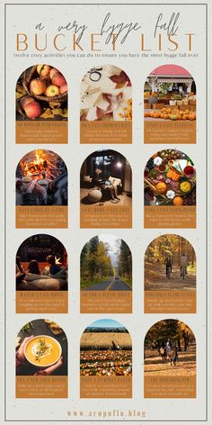 an autumn bucket list is shown in this graphic style, with pictures of pumpkins and leaves