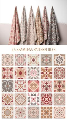 the 25 seamless patterns are shown in different colors and sizes, including pinks, browns