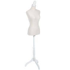 a white female mannequin on a stand with no head or arms, facing the camera