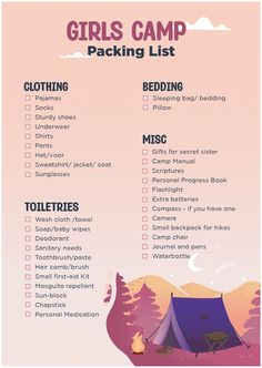 a camping checklist with the text girls camp packing list