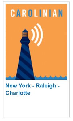 an orange and blue poster with a light house on it's side, which reads carolina