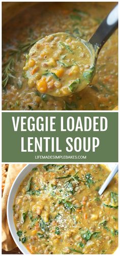 vegetable lentil soup in a white bowl with a ladle full of it and the title overlay reads, veggie loaded lentil soup