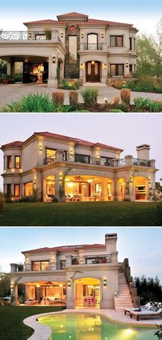 two different views of a large house at night and day