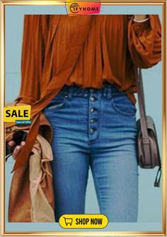 Vintage Casual Denim Flared Jeans High Waist Jeans For Fall, High Waist Denim Tops For Fall, Fall High Waist Denim Tops, Casual Jeans For Fall Day Out, Chic Brown Spring Jeans, Casual Jeans With Button Closure For Fall, Casual Fall Jeans With Button Closure, Versatile Jeans For Fall Day Out, Trendy Non-stretch Button-up Jeans