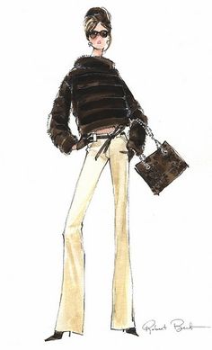 a drawing of a woman in brown sweater and pants with purses on her feet